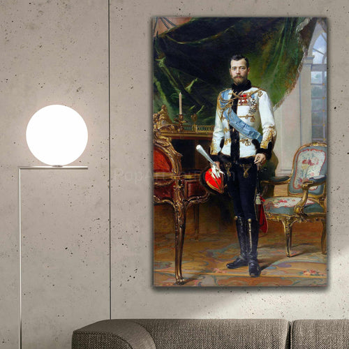 A portrait of a man dressed in historical royal attire hangs on the gray wall above the sofa