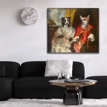 Load image into Gallery viewer, Portrait of two female dogs with human bodies dressed in regal dresses hanging on a white wall near the clock

