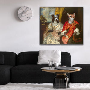 Portrait of two female dogs with human bodies dressed in regal dresses hanging on a white wall near the clock