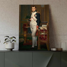 Load image into Gallery viewer, A portrait of a man dressed in historical regal attire stands on a green table next to the flowers
