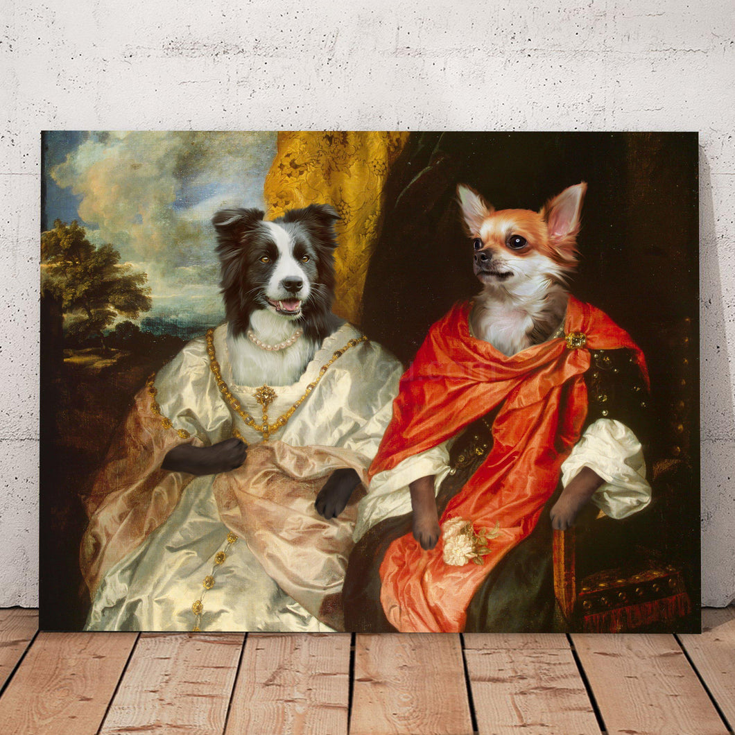 Portrait of two female dogs with human bodies dressed in royal dresses stands on a wooden floor near a white wall