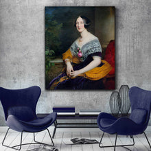 Load image into Gallery viewer, Portrait of a woman with dark hair wearing royal clothes hangs on a gray wall next to two blue chairs
