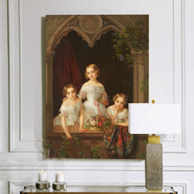 Load image into Gallery viewer, Portrait of three girls dressed in white royal dresses hangs on a white wall near two candles
