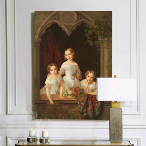Portrait of three girls dressed in white royal dresses hangs on a white wall near two candles