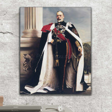 Load image into Gallery viewer, A portrait of an elderly man dressed in a royal costume hangs over the table
