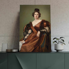 Load image into Gallery viewer, Portrait of a woman with dark hair wearing a regal bronze dress stands on a green table next to a flower
