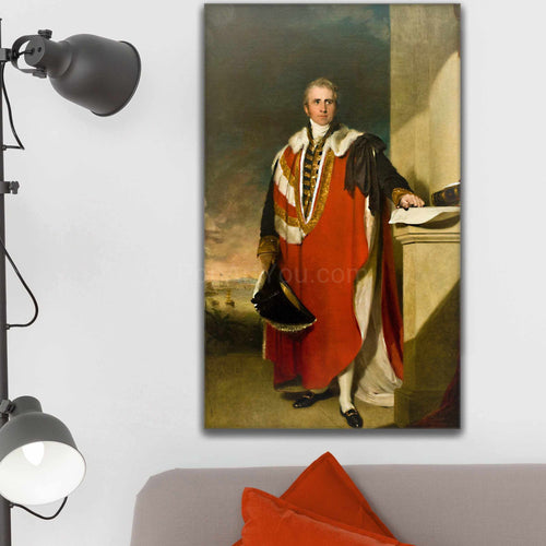 A portrait of a man dressed in a Lord's suit hangs on a white wall