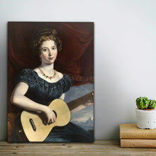 Load image into Gallery viewer, Portrait of a woman with a guitar dressed in a royal dress stands on a wooden table
