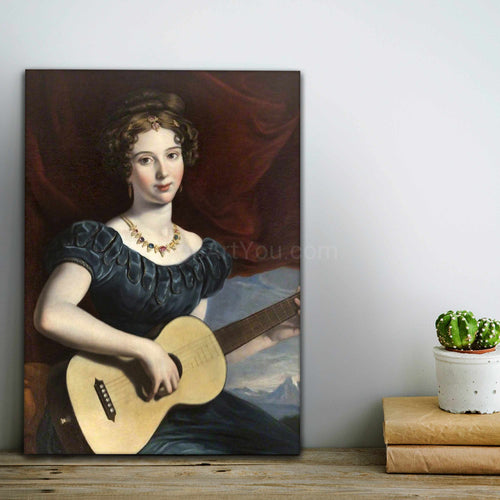Portrait of a woman with a guitar dressed in a royal dress stands on a wooden table