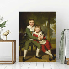Load image into Gallery viewer, Portrait of two boys dressed in historical royal attires stands on a white wooden floor
