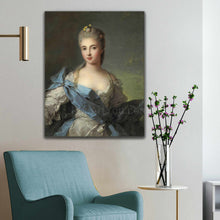 Load image into Gallery viewer, Portrait of a woman with blond hair dressed in regal attire hangs on a white wall near a blue armchair
