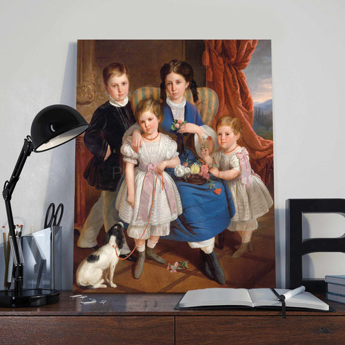 Portrait of four children dressed in historical royal clothes stands on a wooden table near books