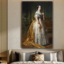 Load image into Gallery viewer, Portrait of a woman with dark hair wearing a royal gold dress hangs on the beige wall above the bed

