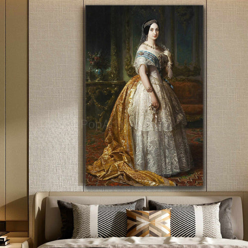 Portrait of a woman with dark hair wearing a royal gold dress hangs on the beige wall above the bed