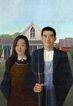 Load image into Gallery viewer, The portrait shows a young couple dressed in historical Gothic clothes standing near a house
