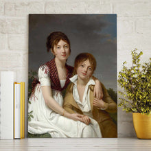 Load image into Gallery viewer, A portrait of two girls dressed in white royal dresses stands on a wooden floor near a yellow vase
