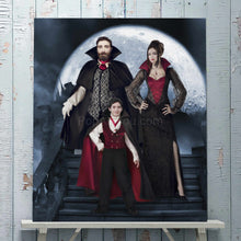 Load image into Gallery viewer, Portrait of a vampire family dressed in historical red clothes stands on a wooden shelf
