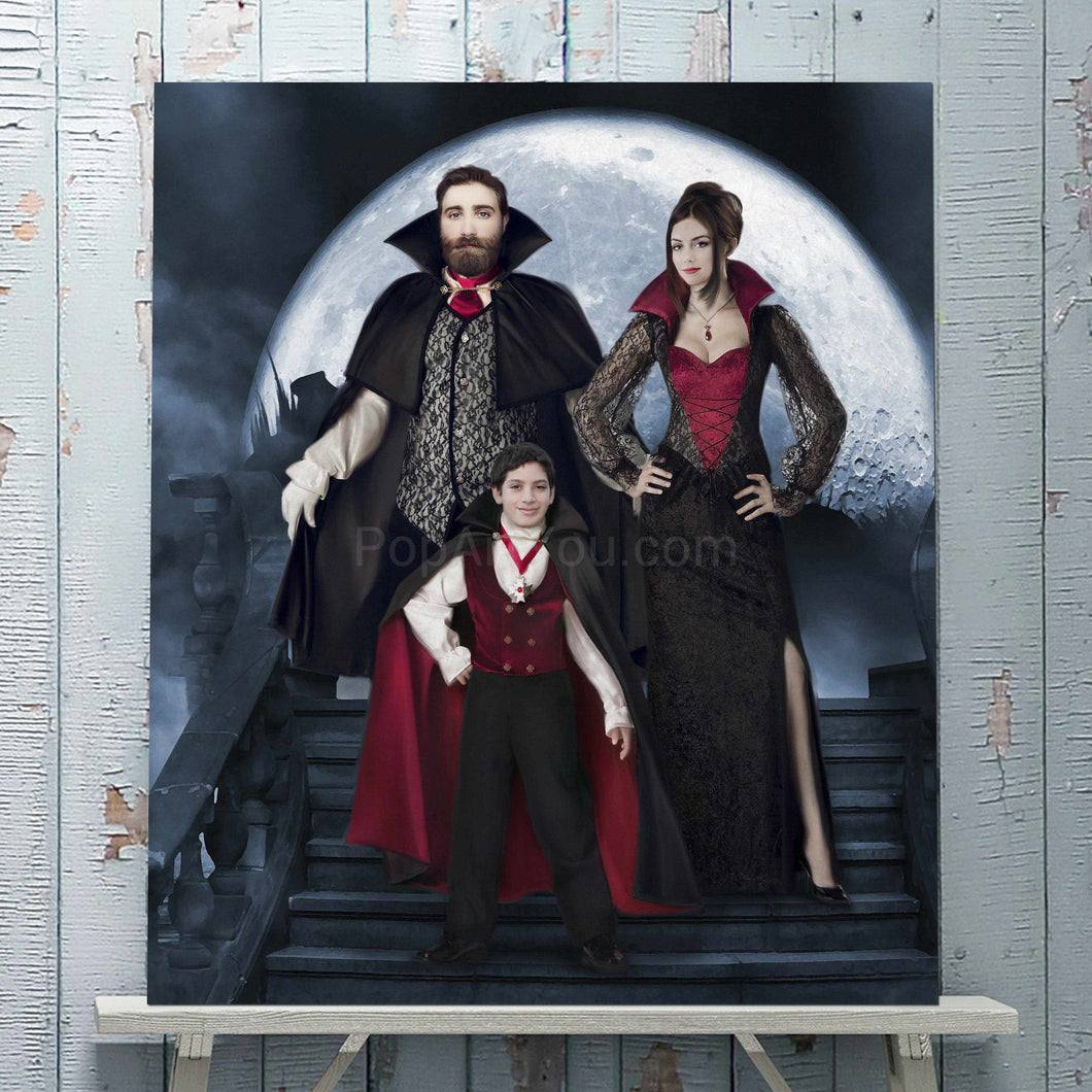 Portrait of a vampire family dressed in historical red clothes stands on a wooden shelf