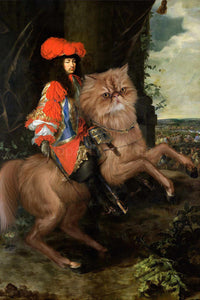 The portrait shows a man dressed in red royal clothes running on a huge cat