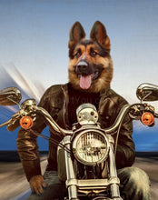 Load image into Gallery viewer, The portrait shows a biker dog with a human body riding a motorcycle
