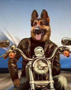 The portrait shows a biker dog with a human body riding a motorcycle