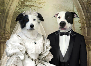 The portrait shows two dogs with human bodies dressed in wedding clothes
