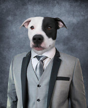 Load image into Gallery viewer, The portrait shows a dog dressed in a gray suit with a white shirt
