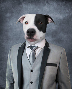 The portrait shows a dog dressed in a gray suit with a white shirt