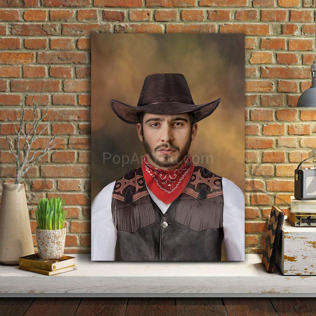 A portrait of a man dressed in Cowboy clothes with a hat stands on a wooden table against a brick wall