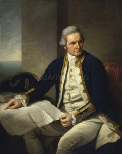 The portrait shows a man with white hair sitting on a chair dressed in blue regal attire