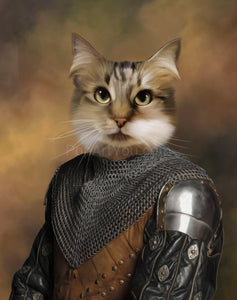 The canvas painting of a cat, dressed as a Knight