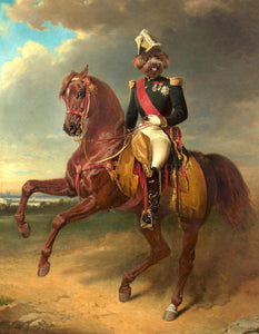 The portrait shows a dog with a human body dressed in a green napoleon costume riding on a horse