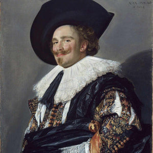 The portrait shows a man in a hat wearing historical blue regal attire