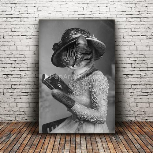 A lady with a book in her paws retro pet portrait