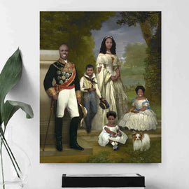 A portrait of a family dressed in white historical royal clothes hangs on a white wall near a flower in a vase