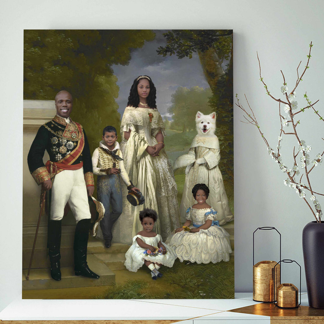 Portrait of a royal family dressed in historical white clothes with a dog dressed with a human body standing on a white table near a black vase