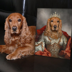 A red-haired female dog sits near a portrait of himself with a human body dressed in a silver royal dress with a red mantle