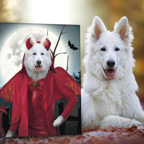 A white dog lies near a portrait of himself with a human body dressed in red devil clothes