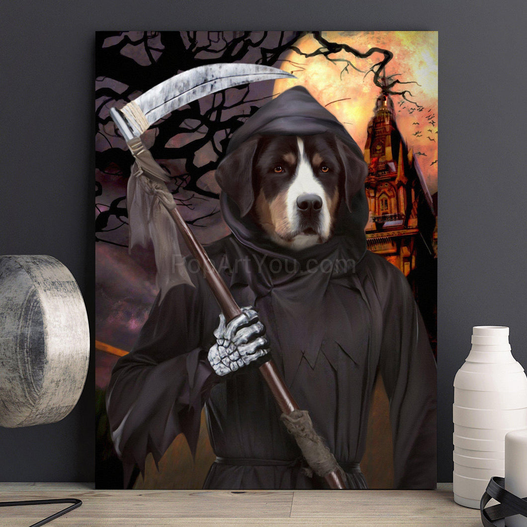 Portrait of a dog with a scythe, dressed in black attire of death, stands on a table near a white vase