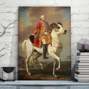 A portrait of a man dressed in historical royal clothes sitting on a huge dog stands on the table next to the books