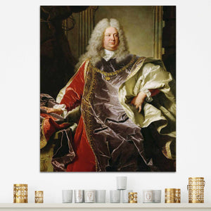 A portrait of a man with long white hair dressed in historical royal clothes hangs on a white wall