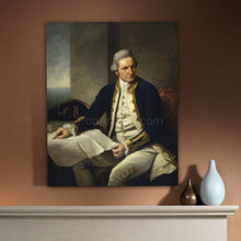 Load image into Gallery viewer, A portrait of a man with white hair dressed in royal blue clothes hangs on the beige wall above a white table
