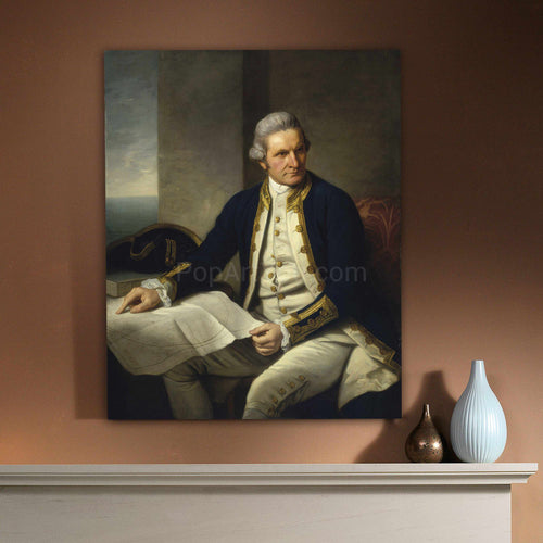 A portrait of a man with white hair dressed in royal blue clothes hangs on the beige wall above a white table