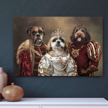 Load image into Gallery viewer, Portrait of three dogs with human bodies dressed in historical royal clothes hangs on a blue wall above a white shelf
