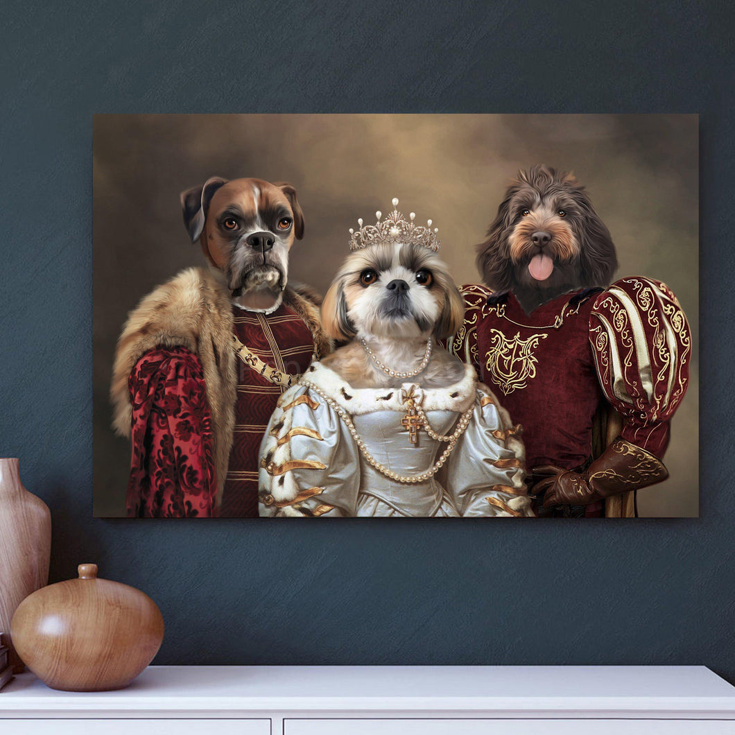 Portrait of three dogs with human bodies dressed in historical royal clothes hangs on a blue wall above a white shelf