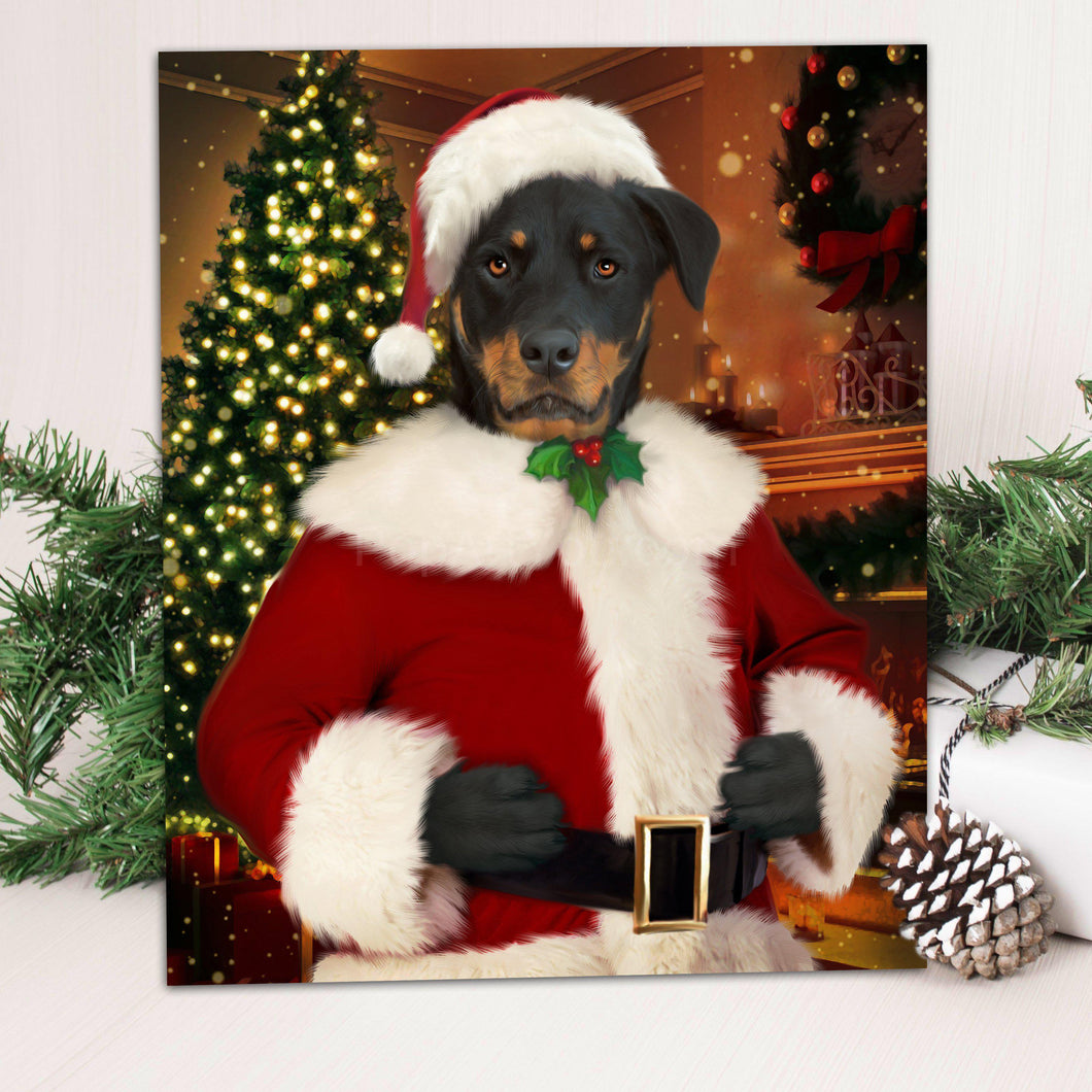 Portrait of a dog with a human body dressed in red Santa Claus attire stands on a white table near a spruce branch