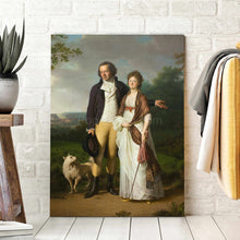 Load image into Gallery viewer, Portrait of a couple dressed in historical royal clothes standing near a dog standing on a white wooden floor
