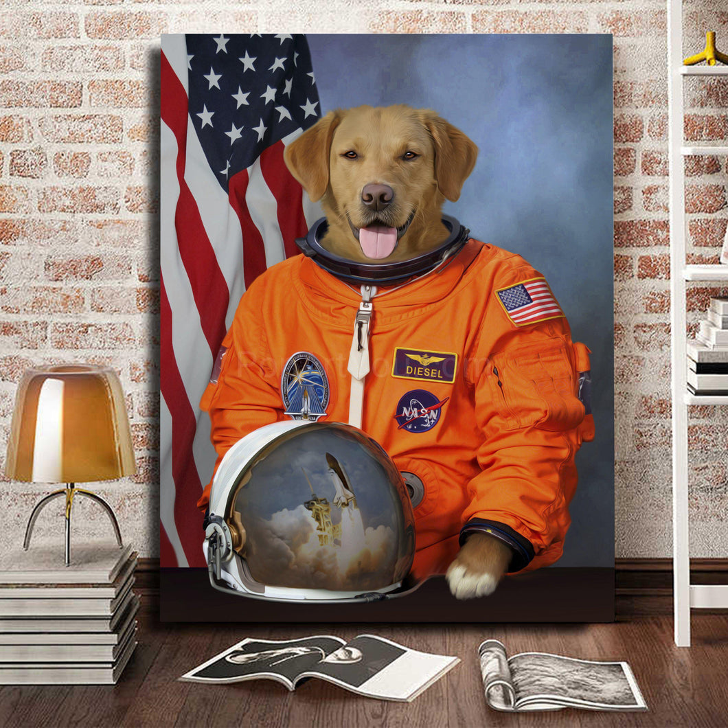 Portrait of a dog dressed in orange clothes of an American Astronaut stands on the wooden floor near books