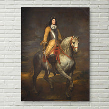 Load image into Gallery viewer, A portrait of a man dressed in the historical royal general&#39;s clothes hangs on a white brick wall
