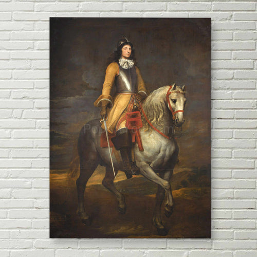 A portrait of a man dressed in the historical royal general's clothes hangs on a white brick wall